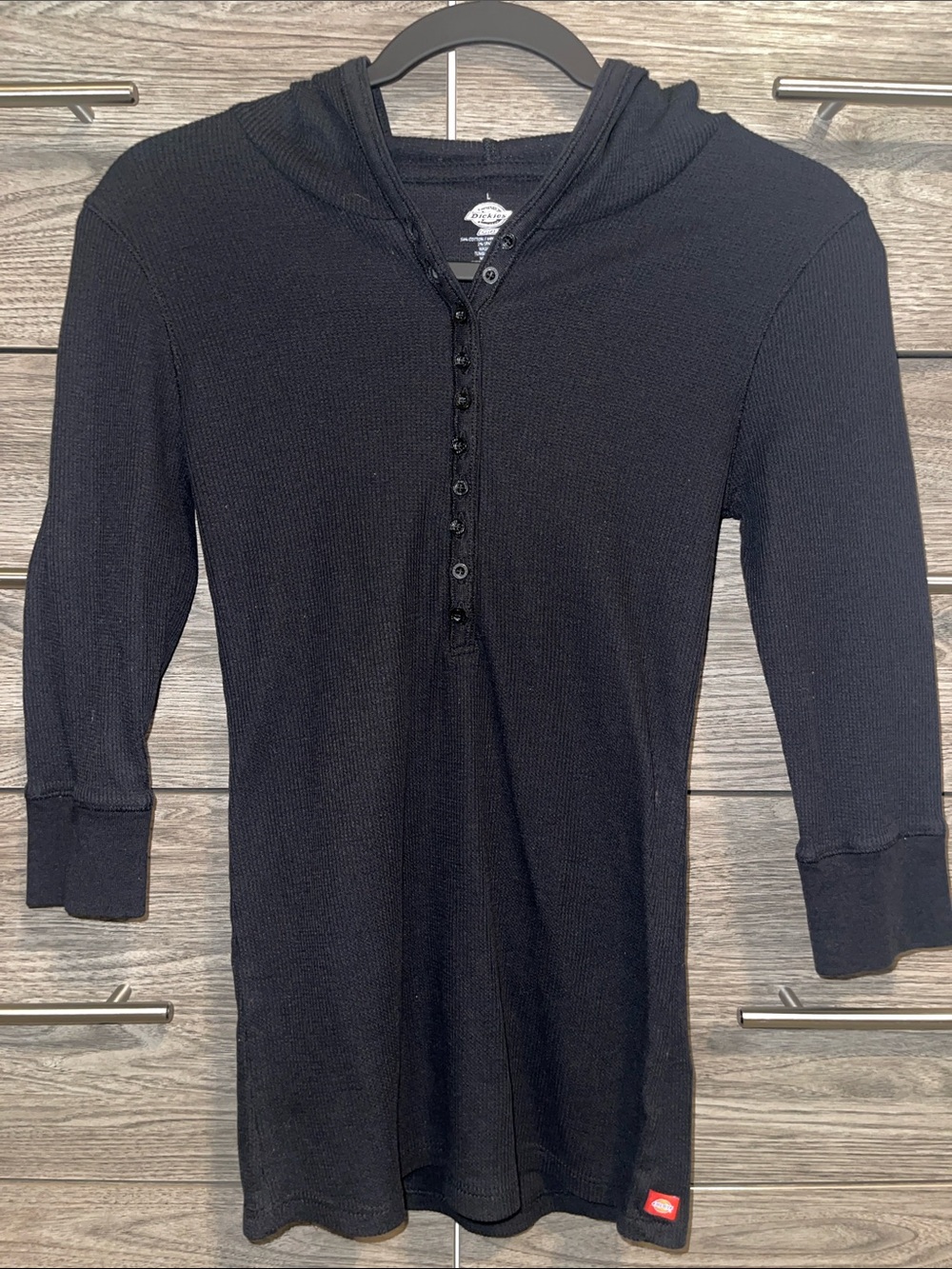 Dickies Black Hooded Henley Thermal Waffle Knit Shirt